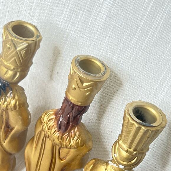 Vintage Mid Century 3 King Candle Holder Painted Plaster Wisemen Christmas Decor - Picture 12 of 13
